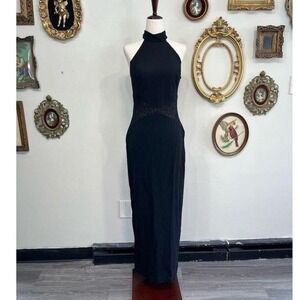 Vintage Scott McClintock Y2K Black Glitter Waist Halter Maxi Prom Gown Size 4